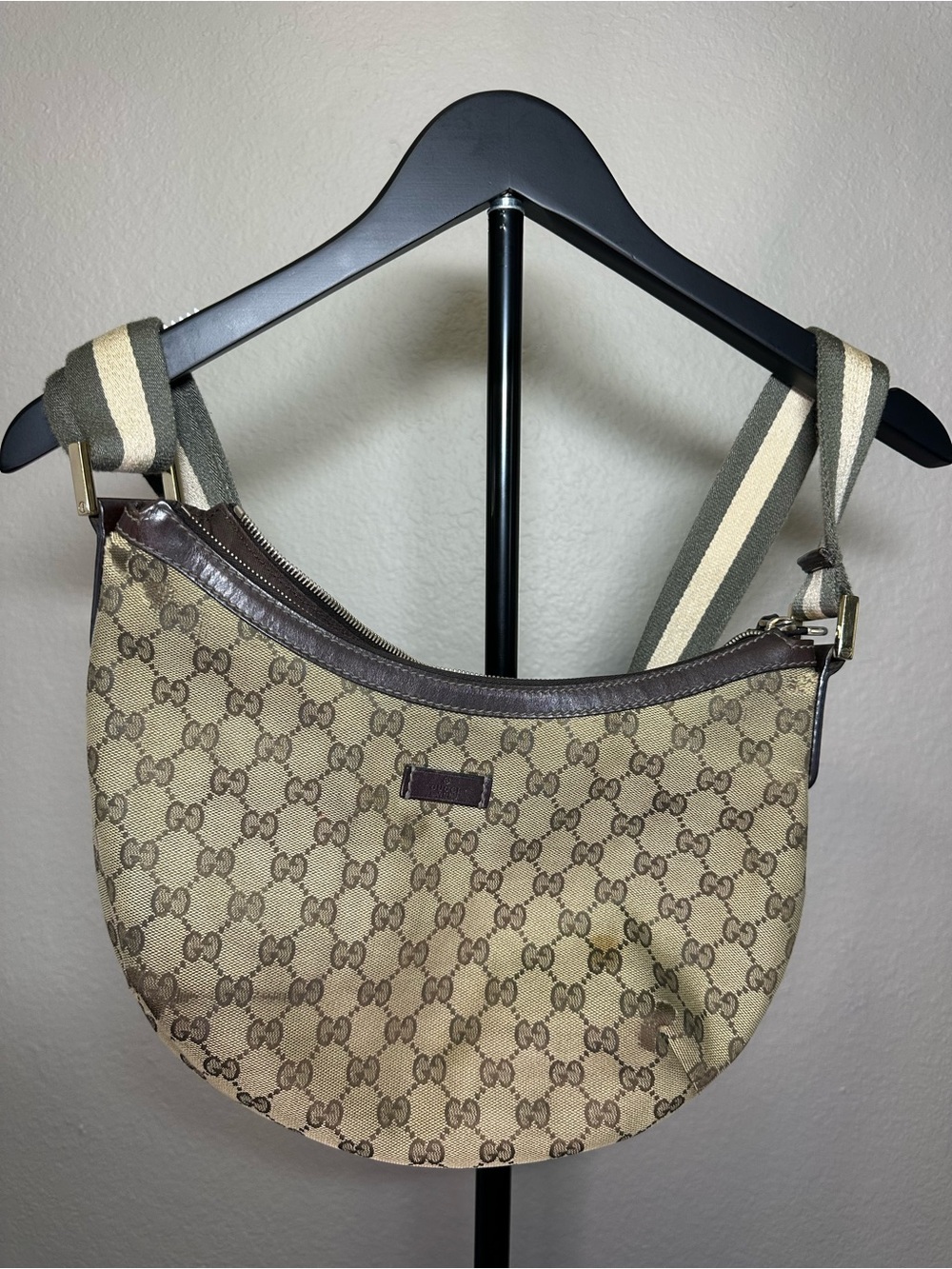Gucci Beige & Brown Monogram Shoulder Bag with Striped Strap